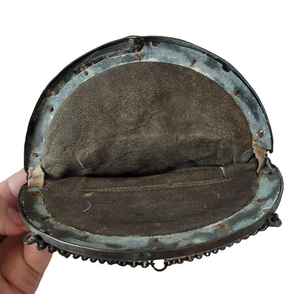 Black Beaded Small Purse With Floral Metal Frame & Fringe Detail Antique - Picture 8 of 10